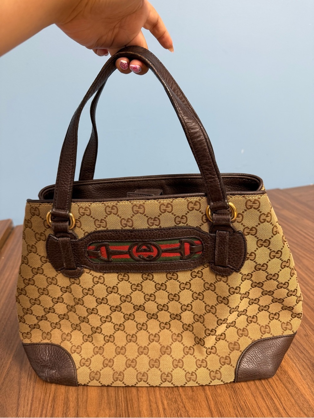Gucci Beige Monogram Canvas Shoulder Bag with Brown Trim and Red-Green Web